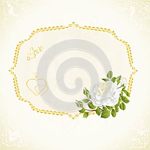 Label with white rose and buds floral festive background vintage vector illustration editable