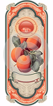 Label with whole peaches and green leaves. Ripe peach confections.