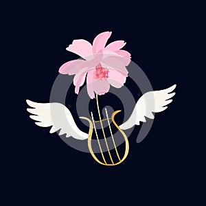 Label with winged lira and pink cosmos flower, isolated on black background in vector
