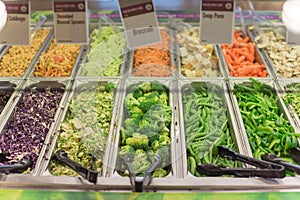 Labeled slice red and green cabbage, broccoli, snap pea, green bell pepper, sprout arugula at salad bar