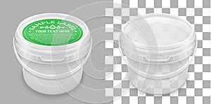 Labeled transparent empty plastic bucket for storage. Vector packaging mockup