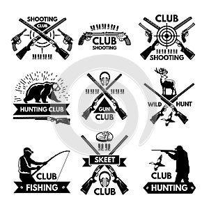 Labels and badges set for hunting club. Monochrome pictures of different animals and weapons for hunters