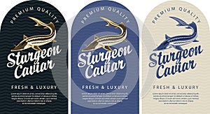 Labels for black caviar with sturgeon fish