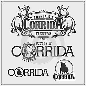 Labels with bull. Corrida emblem. Vector illustration. Print design for t-shirt.