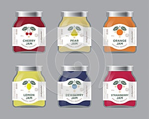 Labels, cherry, pear, orange, lemon, dewberry, strawberry jam labels and packages. Premium design. The flat original illustrations