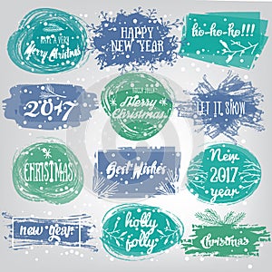 Labels with Christmas and New Years designs. Decorative tags and elements set for holiday lettering design .