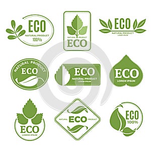 Labels or eco logo set with plants and green leafs. Vector icons isolate on white background