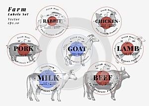 Labels with farm animals. Hand drawn animals set templates. Vector vintage illustrations. Can be use for packaging, menu for shops