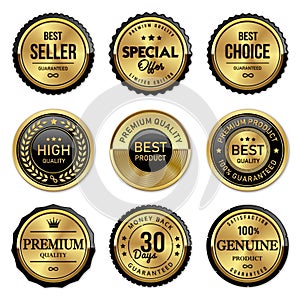 Labels gold premium quality set on white background photo