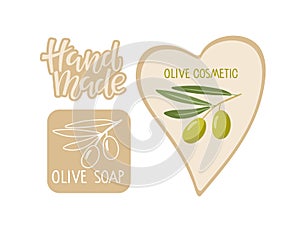 Labels for handmade olive cosmetics or soap. Olive Branch with leaves and Fruit Vector flat Illustration for home made