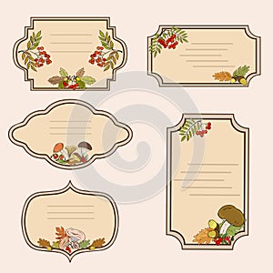 Labels with the image of forest mushrooms, autumn leaves and rowan berries. Vector