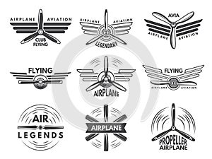 Labels an logos for military aviation. Aviator symbols in monochrome style