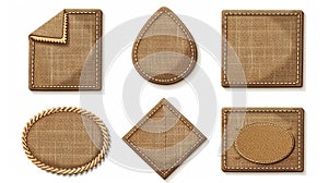 Labels made of brown canvas material with stitches isolated on white. Jute cloth patches with burlap fabric texture.