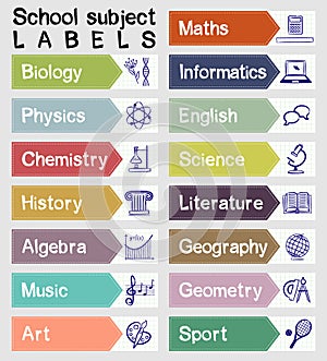 Labels with names and icons of school subjects