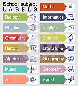 Labels with names and icons of school subjects photo