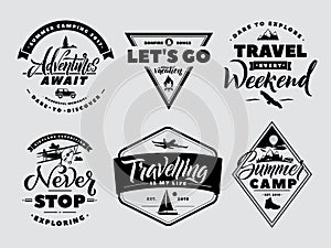 Labels set of adventure and nature explore. Outdoors camp and wildlife. Vector monochrome illustrations