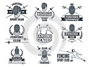 Labels set for fencing sport. Monochrome pictures of rapiers, sword mask and other equipment