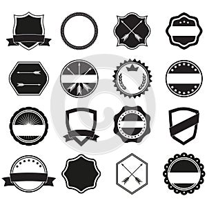 Labels set. Label and badge templates. Collection of retro style banners, shields, emblems, typography, frame, borders, ribbons an