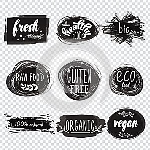 Labels with vegetarian and raw food diet designs. Organic food t