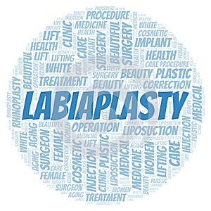 Labiaplasty typography word cloud create with the text only. Type of plastic surgery photo