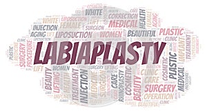 Labiaplasty typography word cloud create with the text only. Type of plastic surgery photo