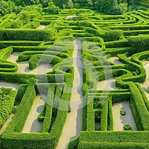 Green labyrinth. Plant maze. Garden. Aerial view of green labyrinth garden