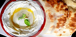 Labneh, arab yoghurt cream cheese dip, viewed from above