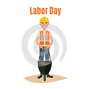 Labor day 1st May word and worker man cartoon vector illustration