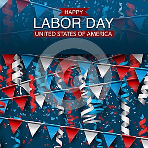 Labor Day background with American national flag and bunting decoration. Shopping offer flyer or poster.