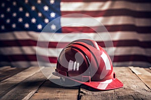 Labor day background construction hard hat with an american flag