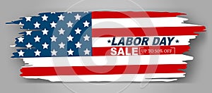 Labor Day banner in a brush stroke shape with a drop shadow. USA National flag design with promotional sale text.