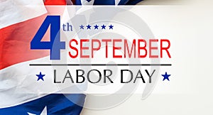 Labor day banner illustration, USA flag waving on blue star pattern background with copy space.