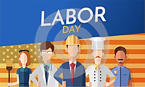 Labor day card with people occupation difference with American Flag.