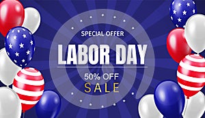 Labor Day celebration Sale banner design concept with american flag balloons on blue background. Special offer 50% off. - Vector