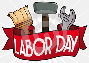 Labor Day Design with Hammer, Wrench and Brush behind Ribbon, Vector Illustration