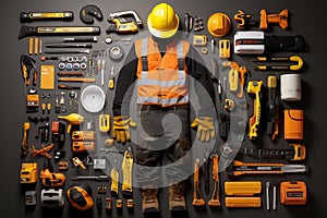 Labor Day Essentials Flat Lay of Workers' Tools. AI