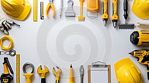 Labor Day Frame Border Background with Construction Tools and Equipment on White Surface