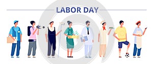 Labor day. International industrial workers group, people professional careers. Different girls boys on job banner, may