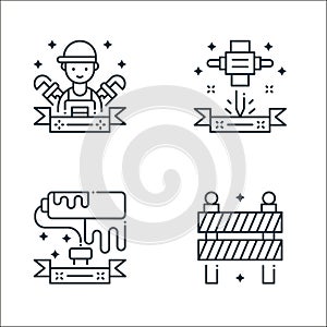 labor day line icons. linear set. quality vector line set such as road barrier, roller brush, driller