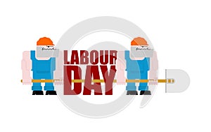 Labor Day logo. Workers and shovels. Sign for holiday. Hand tool