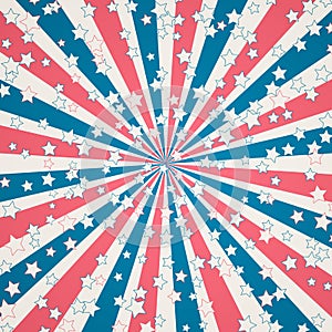 Labor Day or Patriot Day banner. Retro patriotic vector background. Concentric stripes and stars confetti in colors of American