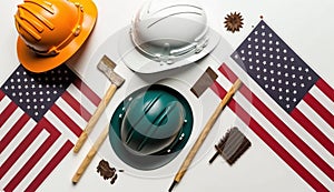 Labor Day poster template. USA Labor Day celebration with American flag, Safety hard hat and tools
