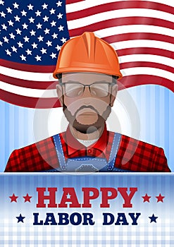 Labor Day poster with worker man. Vector card