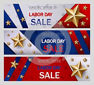 Labor day sale banner template with American flag and golden star design