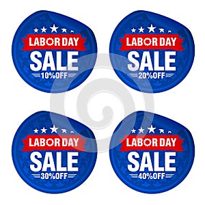 Labor day sale blue stickers set with red ribbon. Sale 10%, 20%, 30%, 40% off