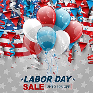 Labor day sale design with USA national flag, falling confetti, and ringlets.