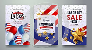 Labor day sale promotion advertising banner template decor with American flag balloons design .American labor day wallpaper.vouche