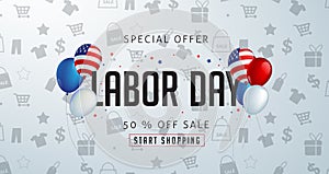 Labor day sale promotion advertising banner template decor with American flag balloons design .American labor day wallpaper.vouche