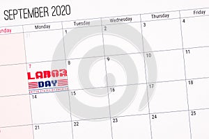 Labor day text on September 2020 monthly planner calendar.