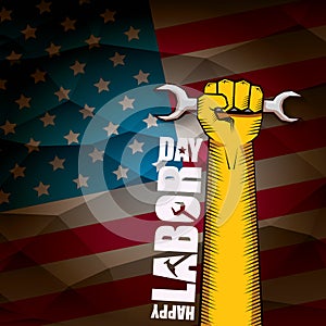 Labor day Usa vector label or background. vector happy labor day poster or banner with clenched fist isolated on usa